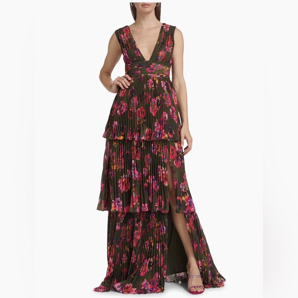 Amur Fluer Floral Pleated Sleeveless Gown